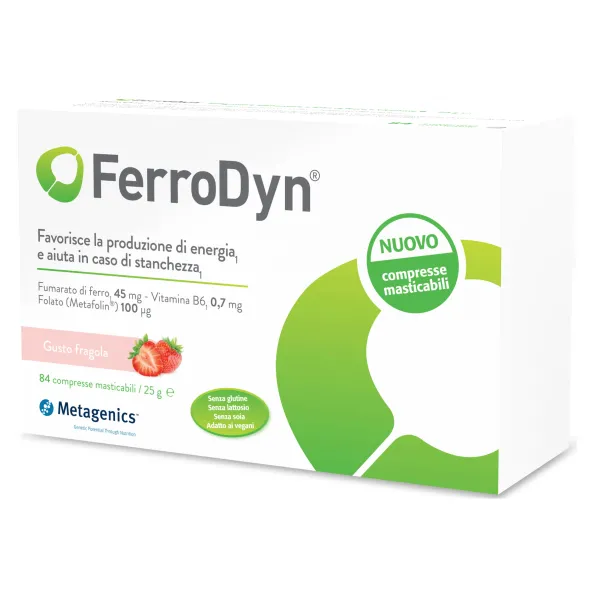FERRODYN 84 COMPRESSE MASTICABILI CON EDULCORANTI GUSTO FRAGOLA SENZA GLUTINE SENZA LATTOSIO