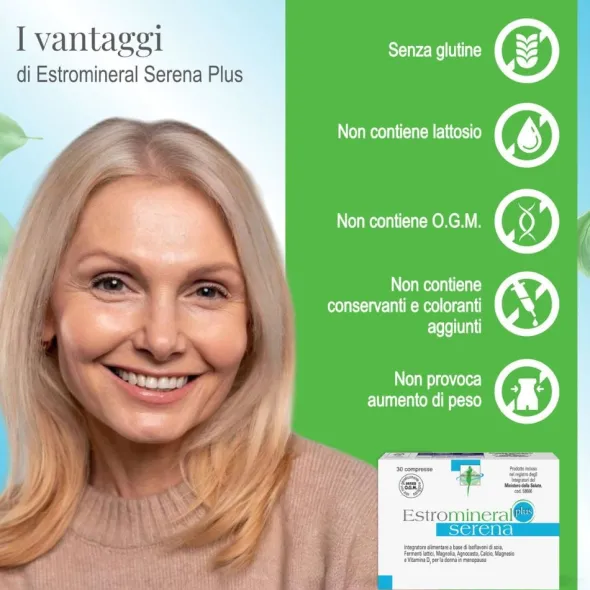 Integratore Estromineral Serena PLUS per la menopausa, 30 cpr