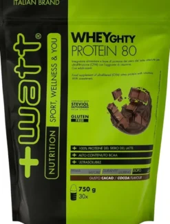 Integratore +Watt Wheyghty Protein 80 cacao, busta doypack