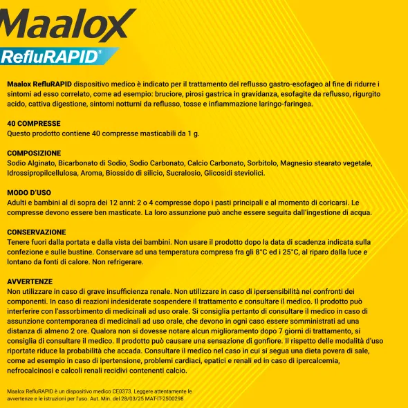 Maalox Reflurapid blocca il reflusso, neutralizza il bruciore da iperacidità, 40 Compresse