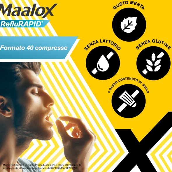 Maalox Reflurapid blocca il reflusso, neutralizza il bruciore da iperacidità, 40 Compresse