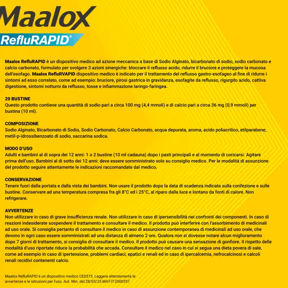 Maalox Reflurapid blocca il reflusso, neutralizza il bruciore da iperacidità, 20 bustine