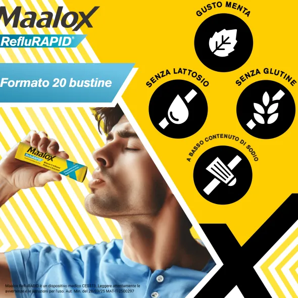 Maalox Reflurapid blocca il reflusso, neutralizza il bruciore da iperacidità, 20 bustine