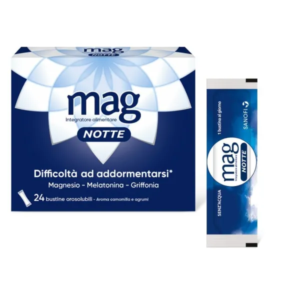 Mag Notte con Melatonina, Magnesio, Griffonia per Dormire Bene, Favorire il Rilassamento e Qualità del Sonno, 24 bst