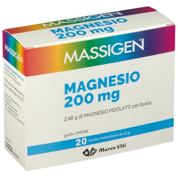 MASSIGEN MAGNESIO 20 BUSTINE DA 6 G GUSTO LIMONE SENZA GLUTINE SENZA LATTOSIO CON ZUCCHERO ED EDULCORANTE