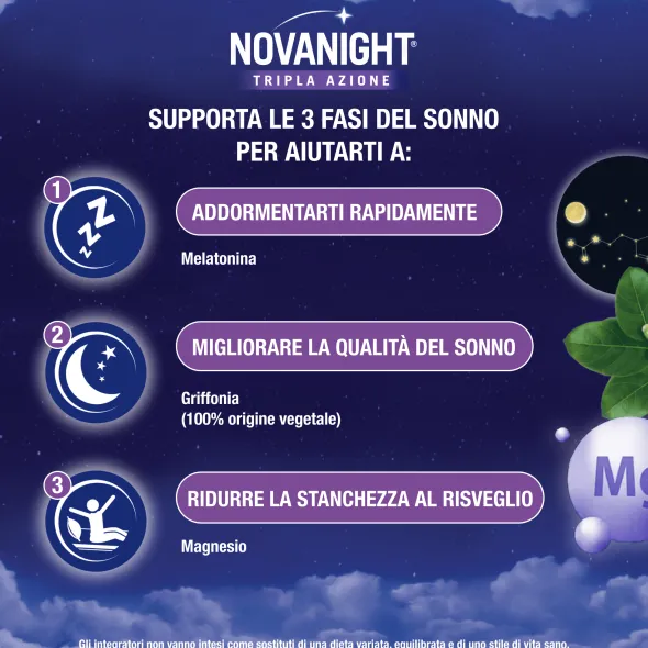 NOVANIGHT Tripla Azione Bustine con Melatonina per Dormire, Magnesio, Griffonia, 20 Bustine Orosolubili