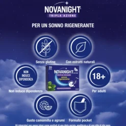 NOVANIGHT Tripla Azione Bustine con Melatonina per Dormire, Magnesio, Griffonia, 20 Bustine Orosolubili