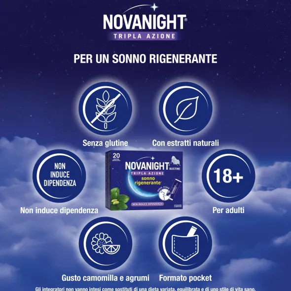 NOVANIGHT Tripla Azione Bustine con Melatonina per Dormire, Magnesio, Griffonia, 20 Bustine Orosolubili