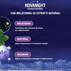 NOVANIGHT Tripla Azione Bustine con Melatonina per Dormire, Magnesio, Griffonia, 20 Bustine Orosolubili