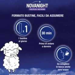 NOVANIGHT Tripla Azione Bustine con Melatonina per Dormire, Magnesio, Griffonia, 20 Bustine Orosolubili