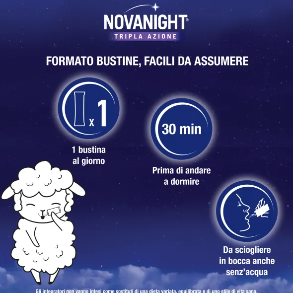 NOVANIGHT Tripla Azione Bustine con Melatonina per Dormire, Magnesio, Griffonia, 20 Bustine Orosolubili