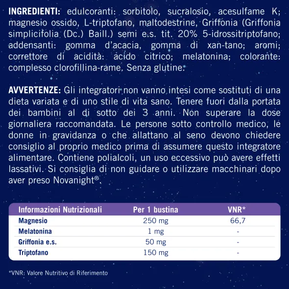 NOVANIGHT Tripla Azione Bustine con Melatonina per Dormire, Magnesio, Griffonia, 20 Bustine Orosolubili