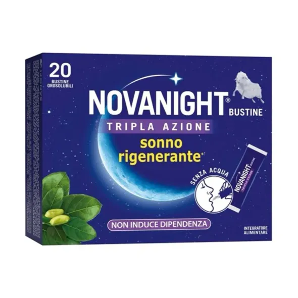 NOVANIGHT Tripla Azione Bustine con Melatonina per Dormire, Magnesio, Griffonia, 20 Bustine Orosolubili
