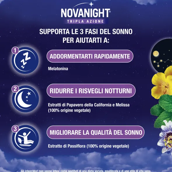 NOVANIGHT Tripla Azione con Melissa e Melatonina per Dormire, Senza Glutine, 30 Compresse