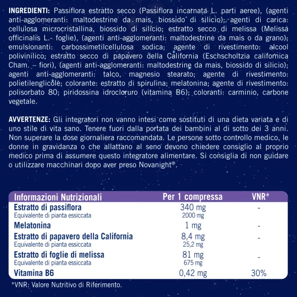 NOVANIGHT Tripla Azione con Melissa e Melatonina per Dormire, Senza Glutine, 30 Compresse